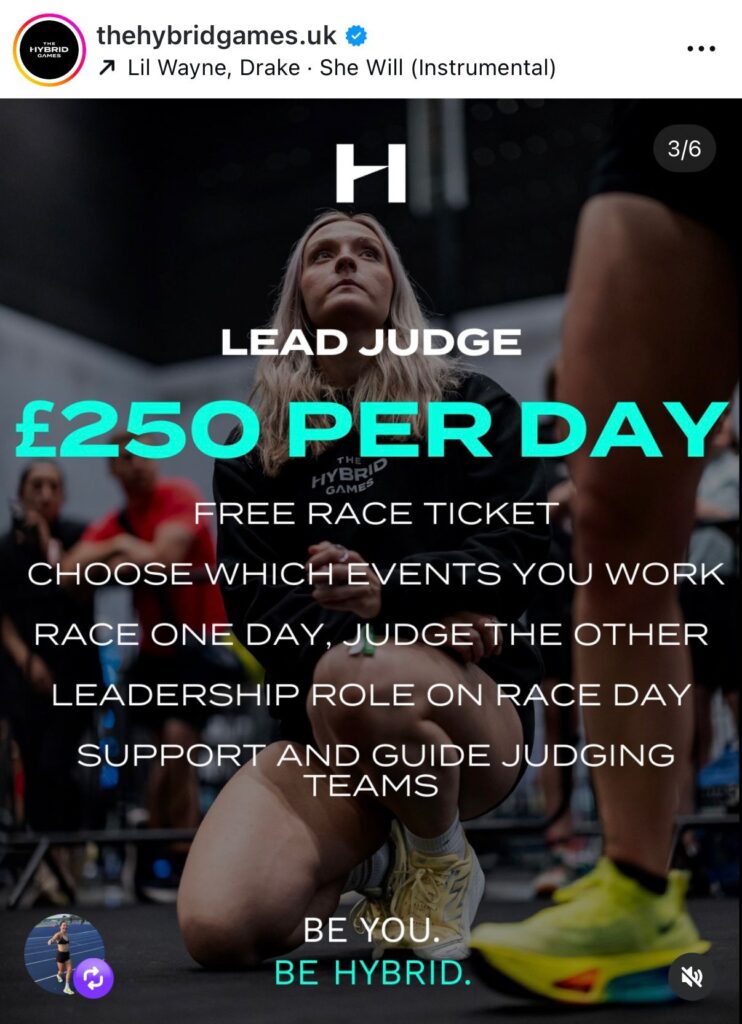 Hybrid Games Instagram post advertising £250 per day for lead judges