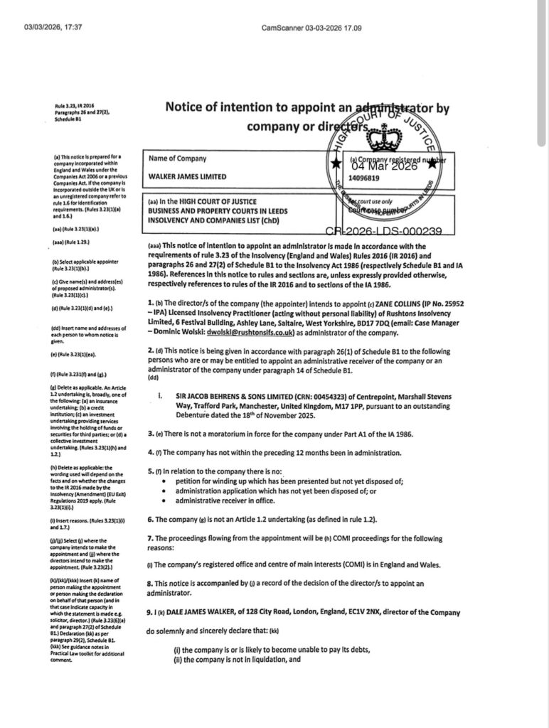 Court filing showing Walker James Limited’s notice of intention to appoint an administrator submitted to the High Court of Justice in Leeds on March 4, 2026.