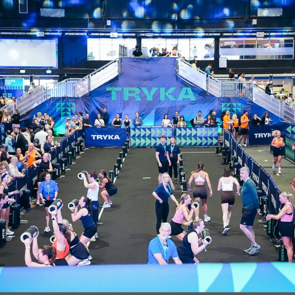 Athletes compete during a TRYKA fitness race in Dublin, Ireland.