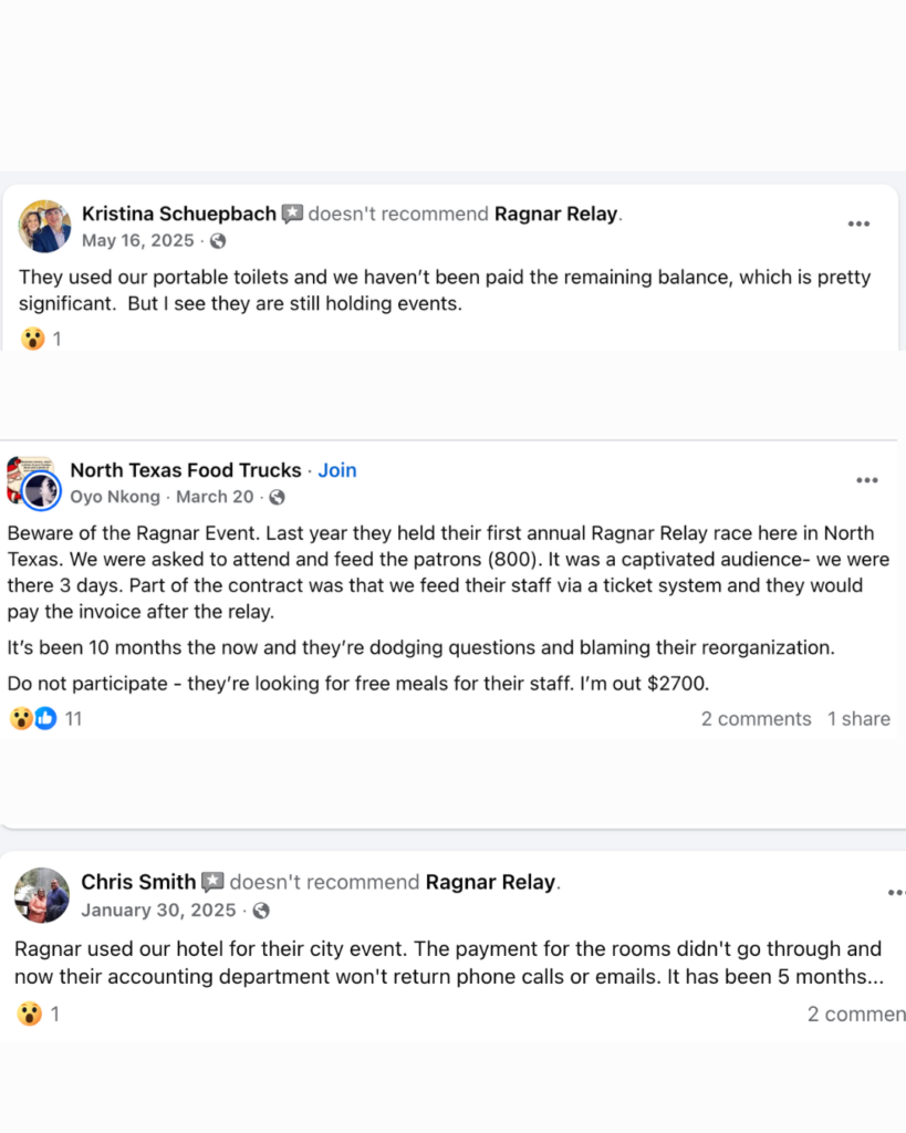 Facebook posts from Chris Smith, Kristina Schuepbach, and Oyo Nkong alleging nonpayment by Ragnar Relay