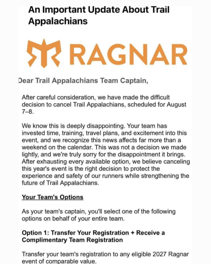 Ragnar's email to Trail Appalachians team captains announcing the event's cancellation