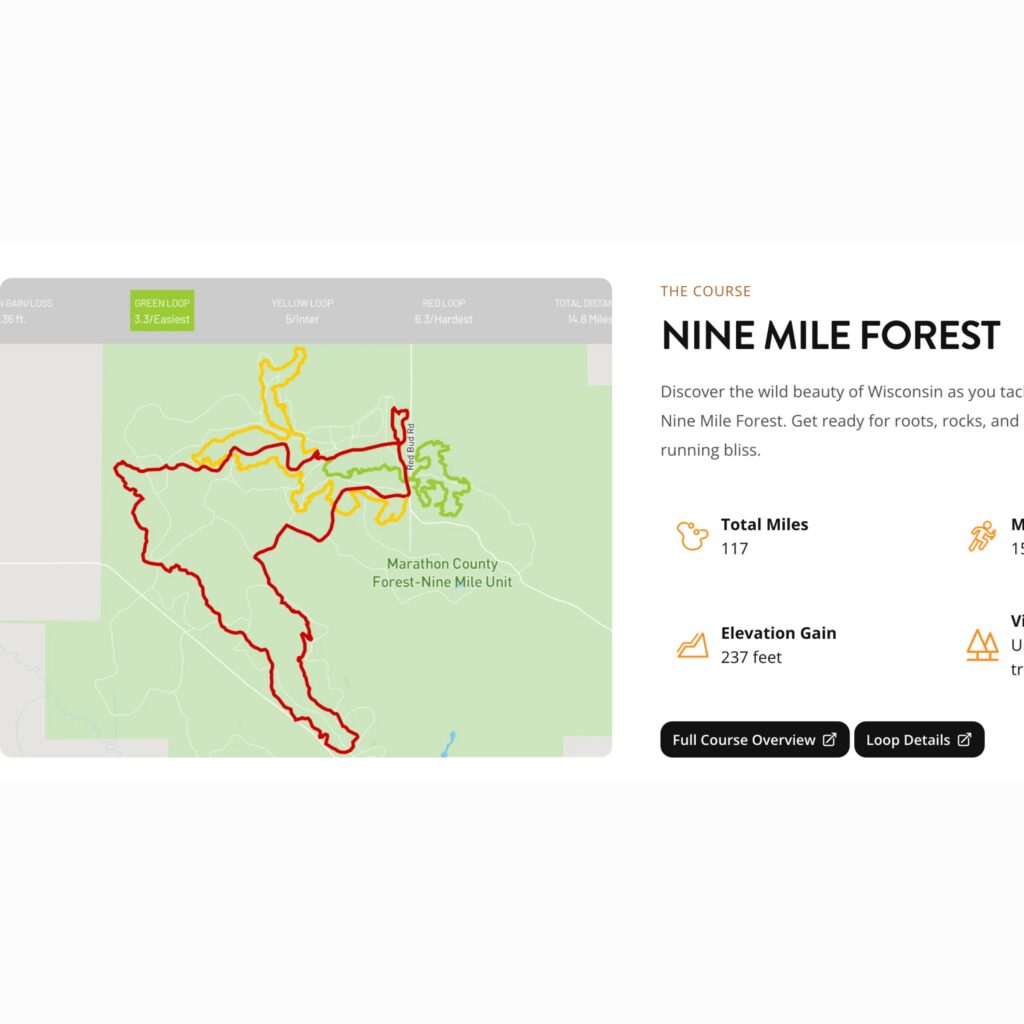 Ragnar Trail Wisconsin course map showing red, yellow, and green loops at Marathon County Forest’s Nine Mile Unit.