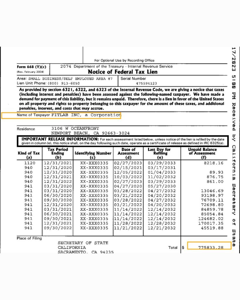 IRS Notice of Federal Tax Lien against FitLab Inc., filed July 17, 2023, with taxpayer name and total unpaid balance of $775,833.28 highlighted