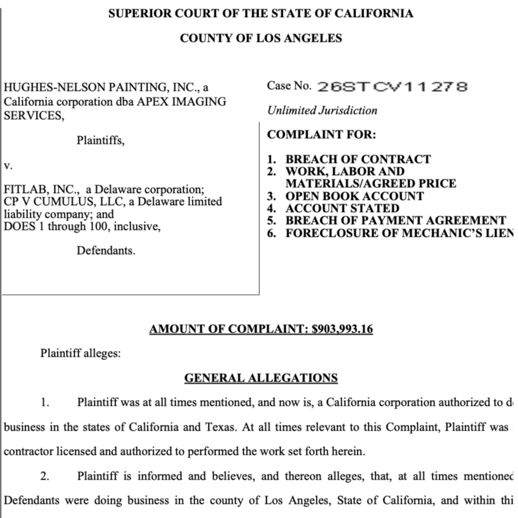 Court complaint filed by Hughes-Nelson Painting against FitLab Inc., seeking $903,993.16