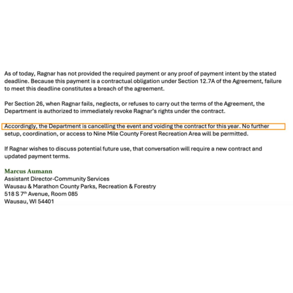 Email from Marcus Aumann, Assistant Director of Community Services for Wausau & Marathon County Parks, Recreation & Forestry, with the sentence 'the Department is cancelling the event and voiding the contract for this year' highlighted