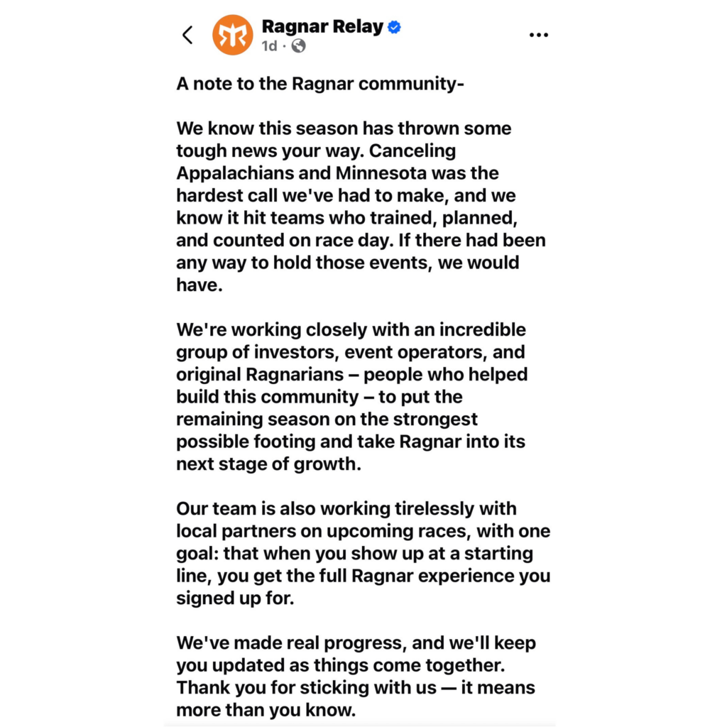 Facebook post from Ragnar Relay's official page stating the company is working with a group of investors, event operators, and original Ragnarians to take over the brand