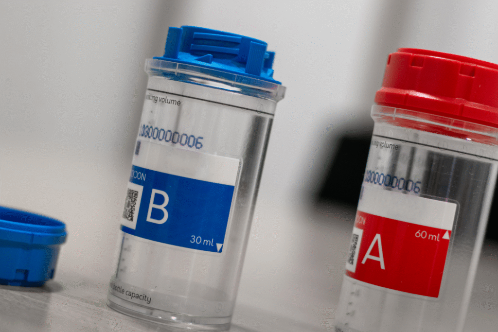 WADA-compliant A and B sample containers used for HYROX drug testing