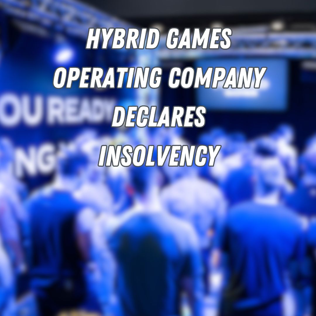 Graphic announcing that the Hybrid Games operating company, Walker James Limited, has filed for insolvency, shown over a blurred image of athletes gathered on a competition floor.