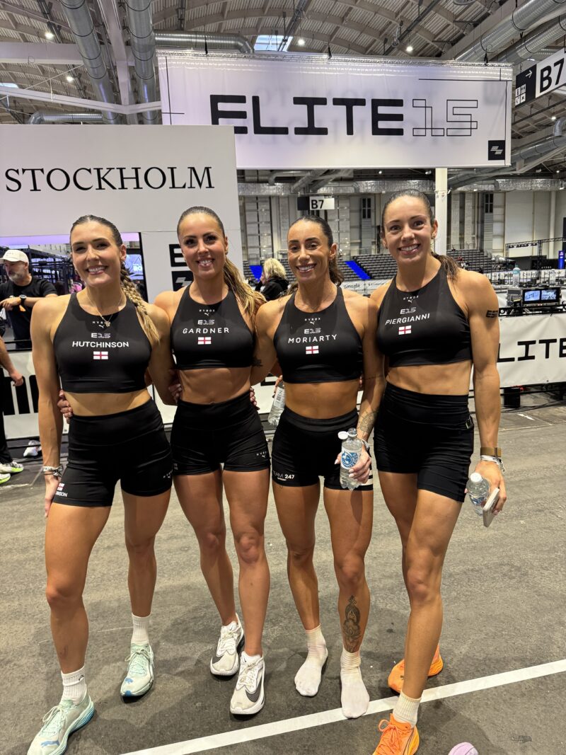 HYROX Elite 15 women’s doubles athletes Hutchinson Gardner Moriarty and Piergianni at Stockholm EMEA Championships