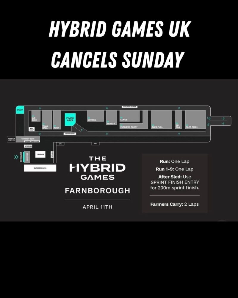 Hybrid Games UK Farnborough course layout after Sunday race cancellation announcement