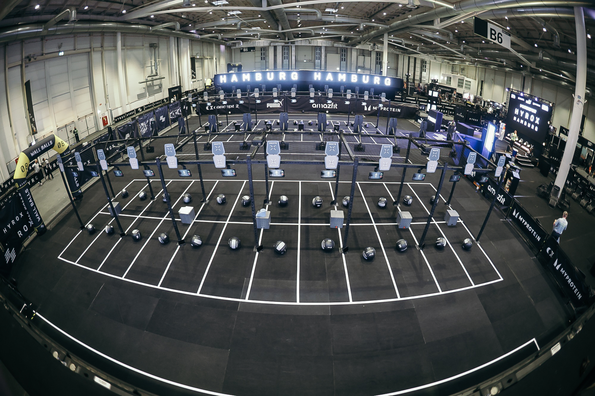 HYROX Hamburg Major race floor showing workout stations and competition layout