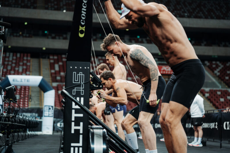 Elite HYROX athletes compete on the SkiErg during the Elite 15 Men’s race at the HYROX World Championships.