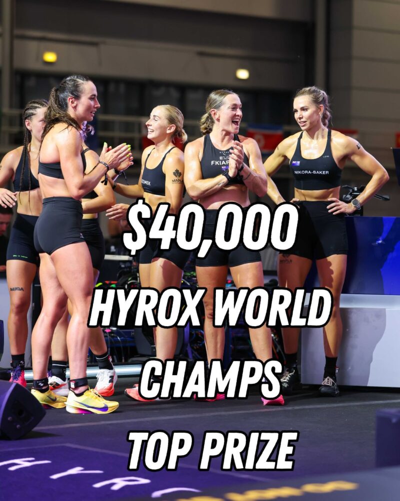 Elite HYROX athletes during competition with text overlay announcing $40,000 HYROX World Championships top prize for 2026.