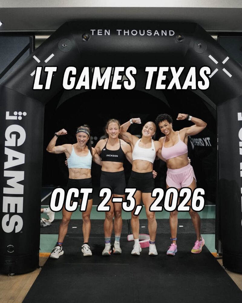 Athletes pose beneath the LT Games finish arch promoting the 2026 LT Games in Frisco, Texas.