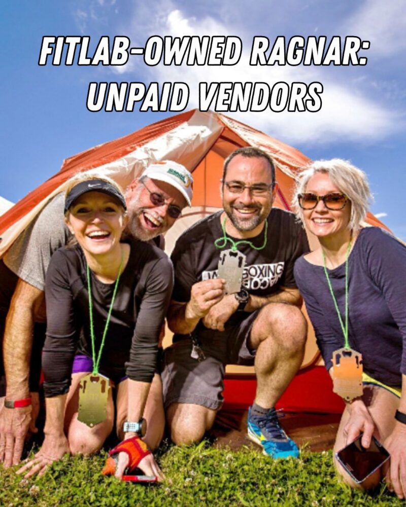 Ragnar Relay event photo with text reading "FitLab-Owned Ragnar: Vendors Unpaid"