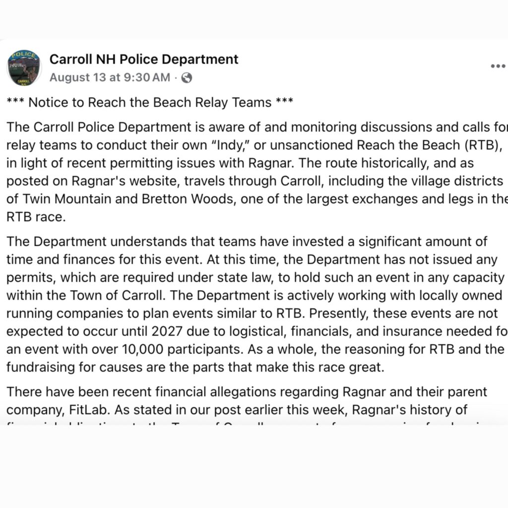 Carroll, New Hampshire Police Department Facebook notice warning against unsanctioned Reach the Beach relay activity.