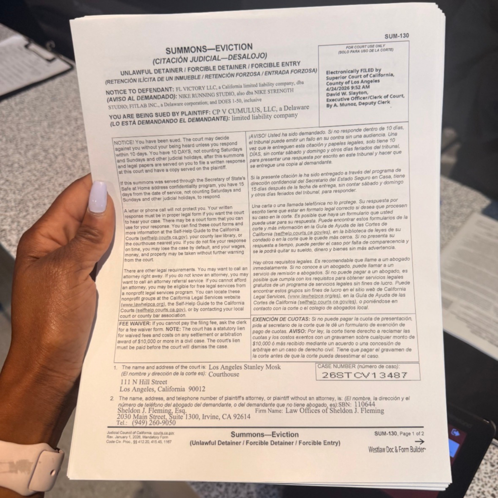 Eviction summons filed against FitLab and FL Victory LLC for the Culver City Nike Studios property.
