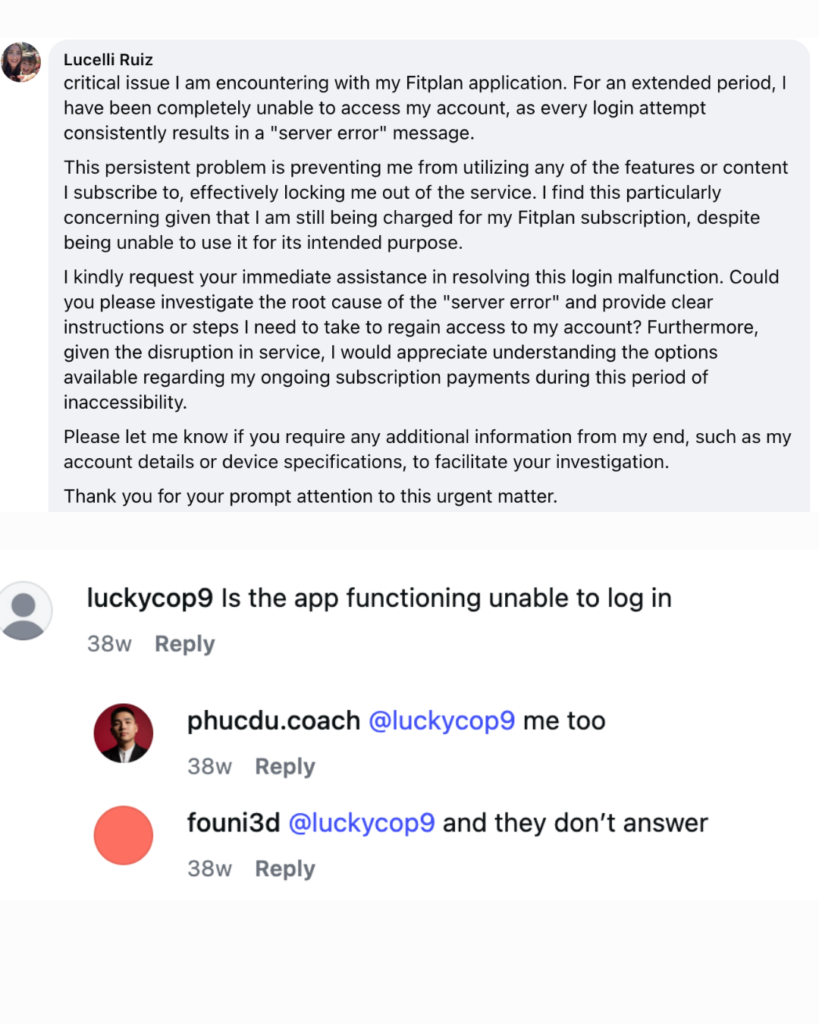 Screenshot of public Fitplan social-media comments reporting server errors, login problems, and continued subscription charges.