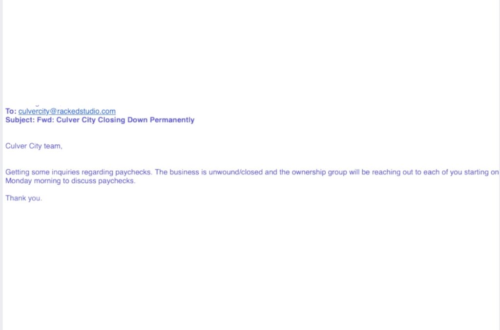 VM Fitness email telling Racked Culver City employees that the business is “unwound/closed” and that ownership will discuss paychecks.