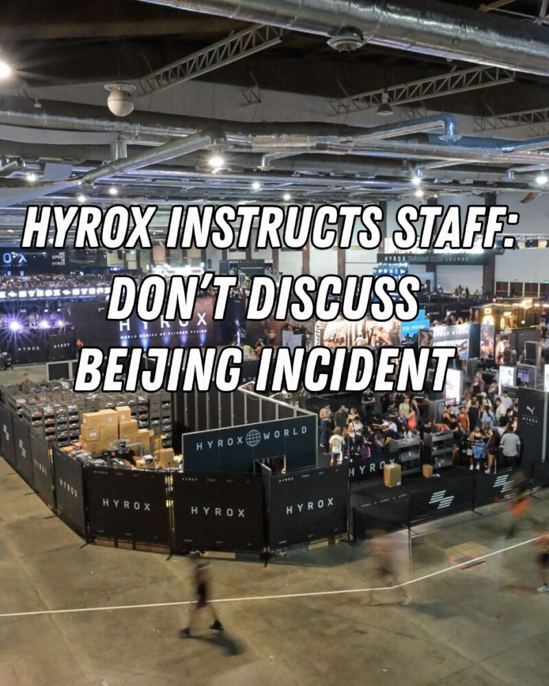 HYROX competition floor with text reading “HYROX Instructs Staff: Don’t Discuss Beijing Incident”