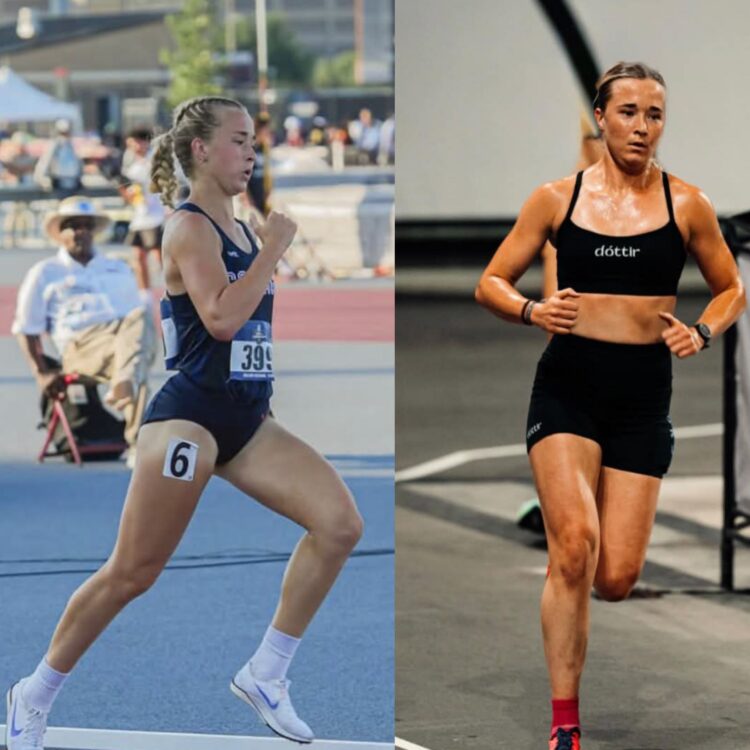 Willow Collins competing in college track and during a HYROX race.