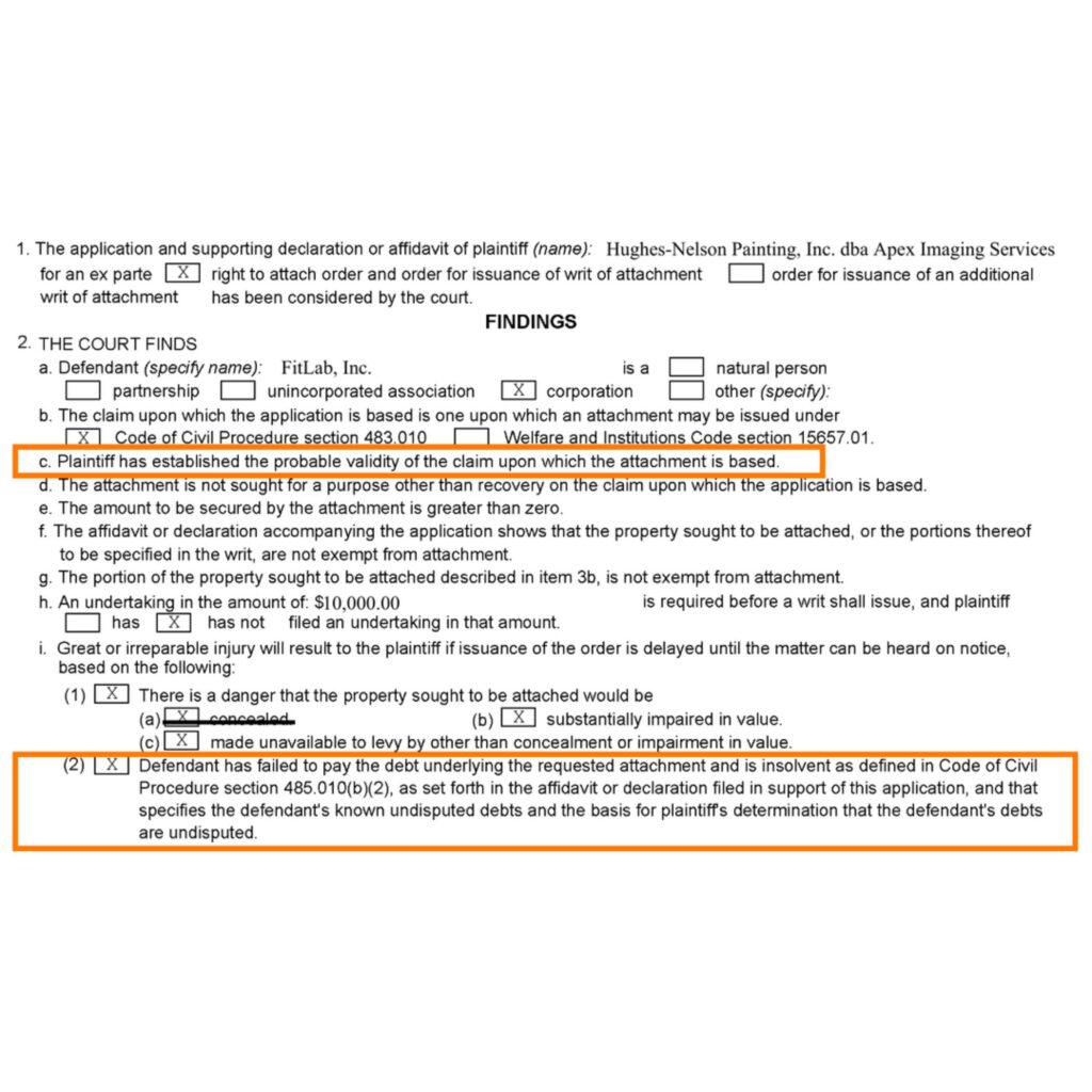 Court order finding FitLab insolvent under California attachment law
