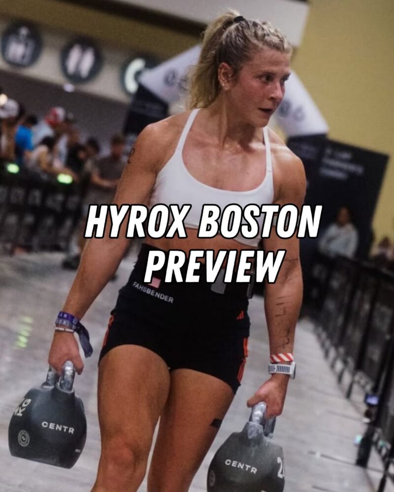 Katherine Fahsbender carrying two kettlebells during a HYROX race, with "HYROX Boston Preview" text overlaid.